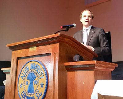 Assistant U.S. Attorney Jay Richardson, who prosecuted Dylann Roof in federal court, was the guest speaker at the Mother Emanuel Nine Day Remembrance at Allen University on June 1.