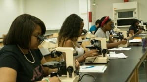 Group shot of female Stillman College students using microscopes